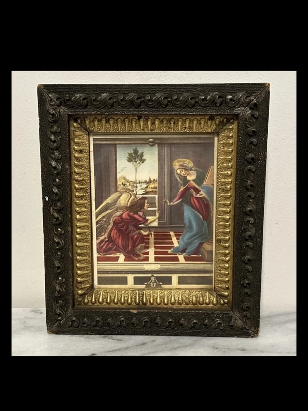 Antique Cestello Annunciation, by Sandro Botticelli Print Framed Carved Wood